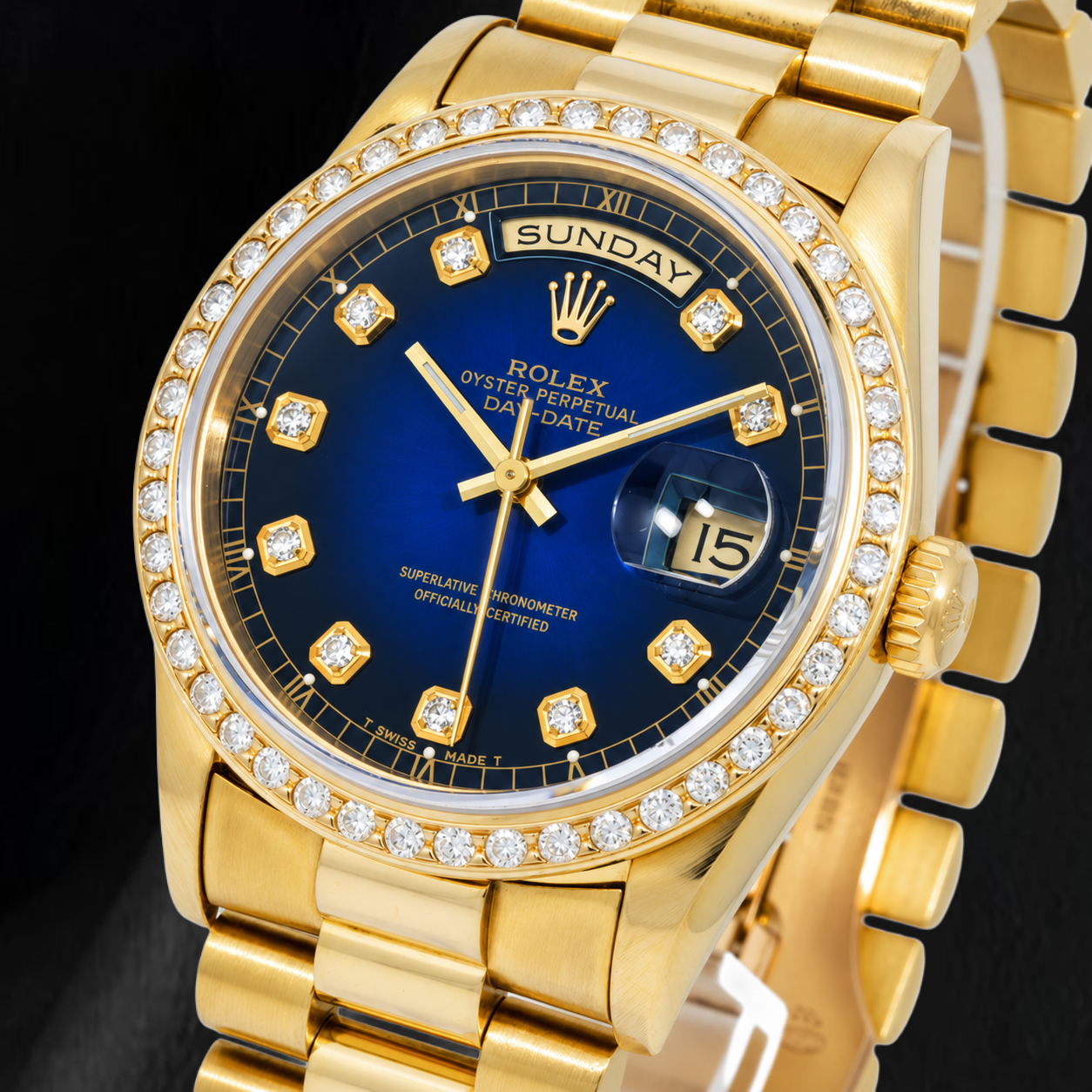 Rolex Day-Date 18238 36 mm Orologio in Oro Giallo con Quadrante Blu con Diamanti