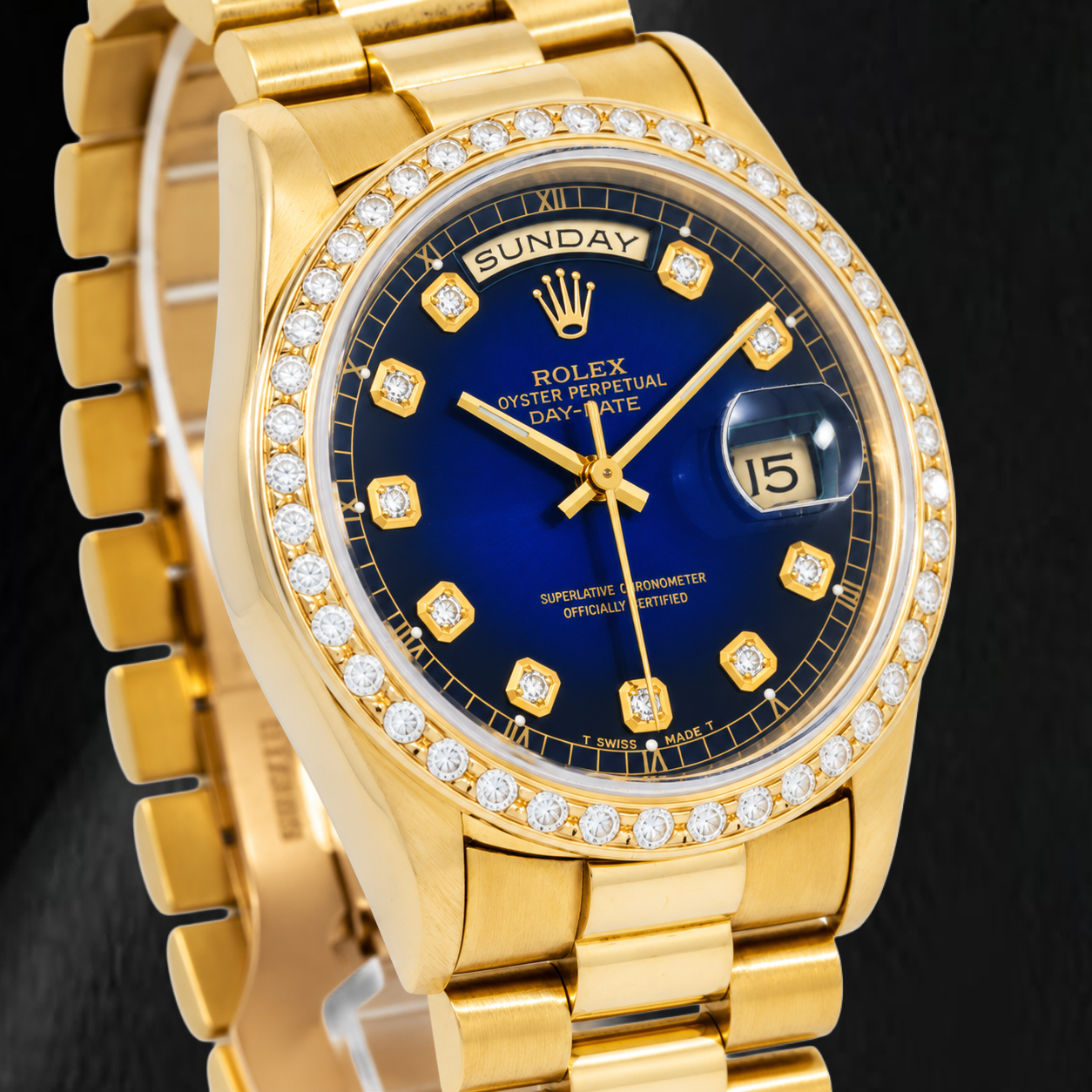 Rolex Day-Date 18238 36 mm Orologio in Oro Giallo con Quadrante Blu con Diamanti
