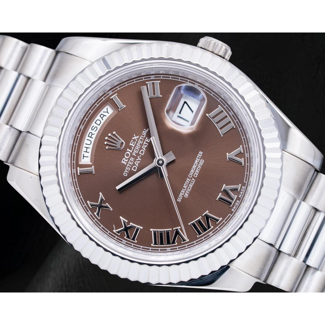 Rolex Day-Date II 41 mm 218239 Quadrante Cioccolato con Numeri Romani in Oro Bianco 18 Carati Bracciale President