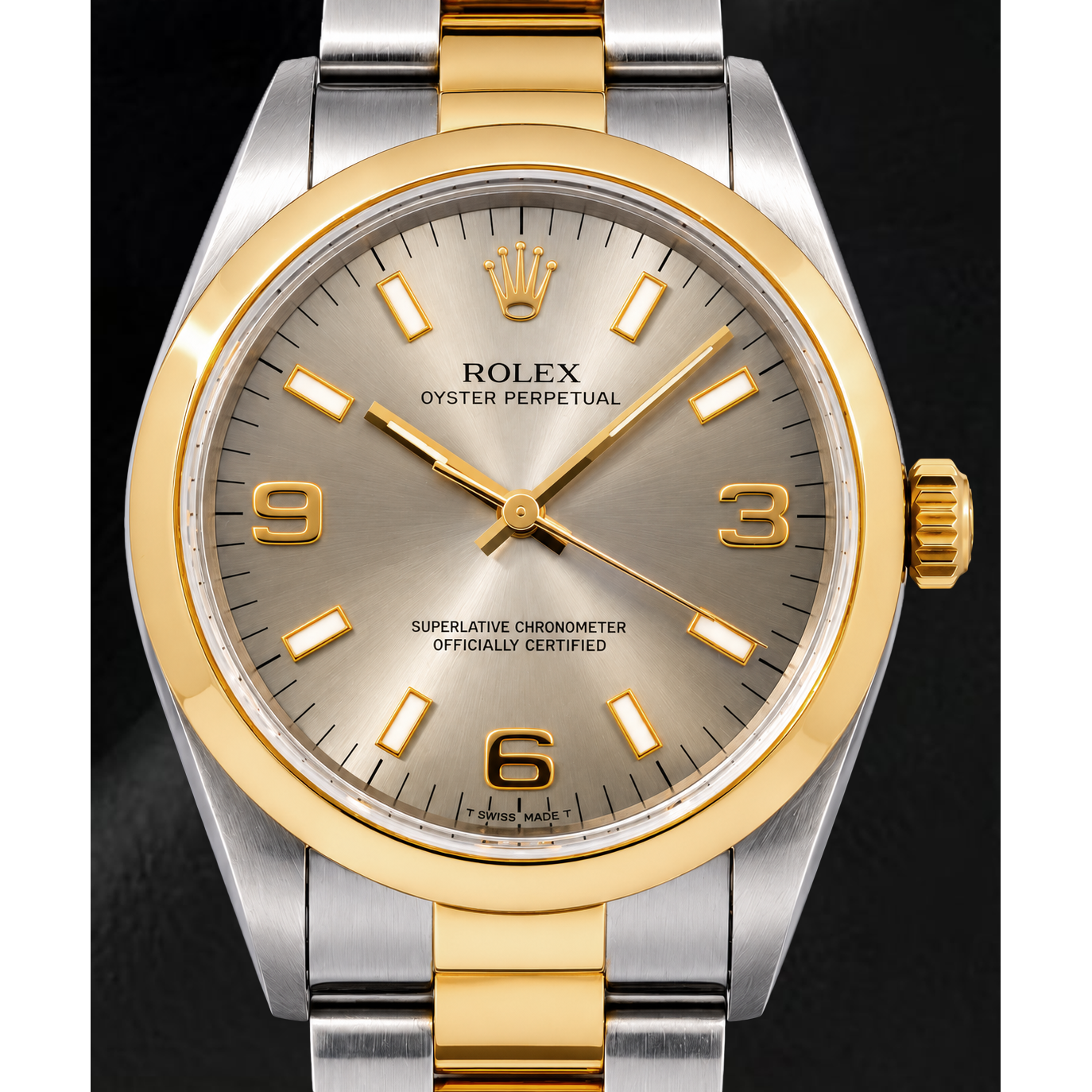 Rolex Oyster Perpetual 14203 34 mm Orologio Bicolore con Quadrante Grigio e Numeri Arabi Luminescenti