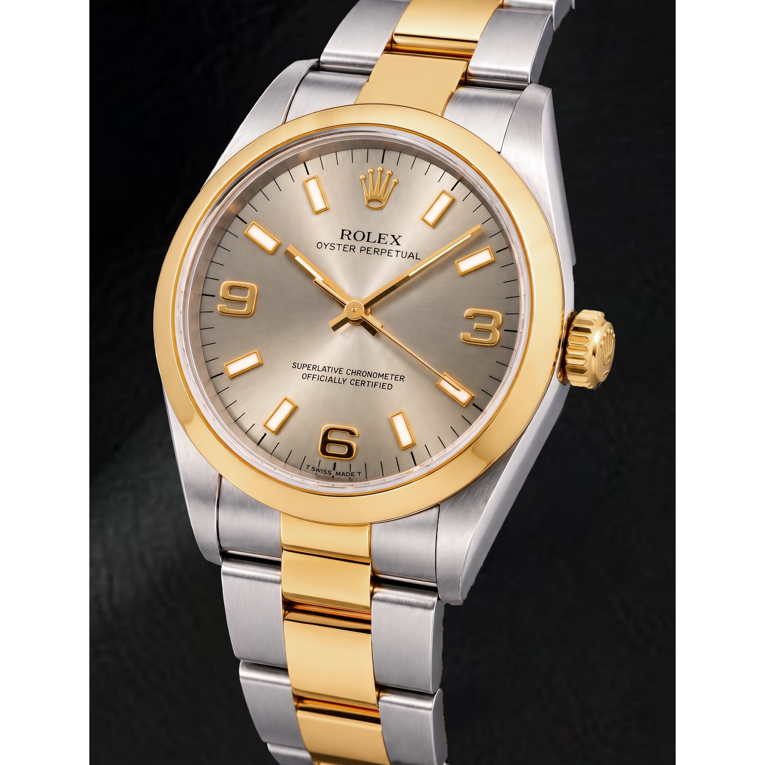 Rolex Oyster Perpetual 14203 34 mm Orologio Bicolore con Quadrante Grigio e Numeri Arabi Luminescenti