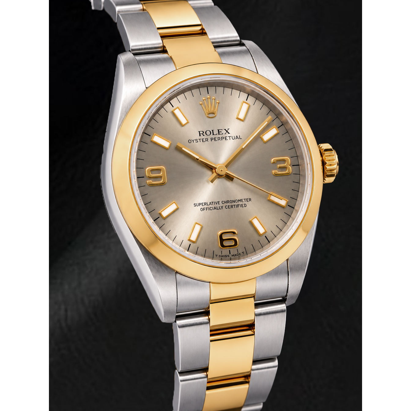 Rolex Oyster Perpetual 14203 34 mm Orologio Bicolore con Quadrante Grigio e Numeri Arabi Luminescenti