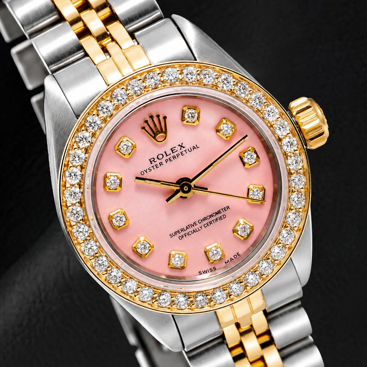 Rolex Oyster Perpetual 67193 26mm Quadrante Rosa con Diamanti Bicolore Bracciale Jubilee