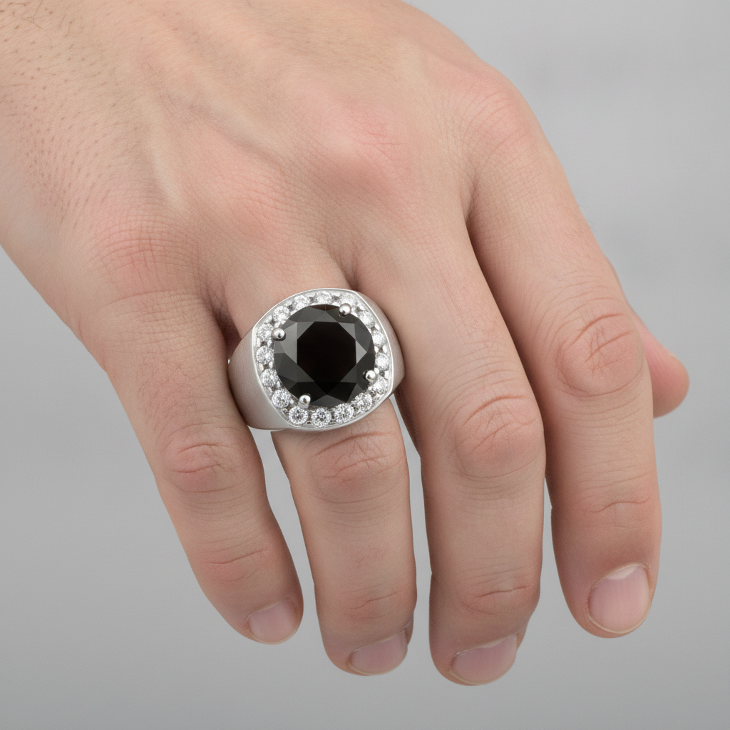 Anello nuziale con diamante nero naturale taglio rotondo Halo da 6,75 carati in Oro Bianco 14K