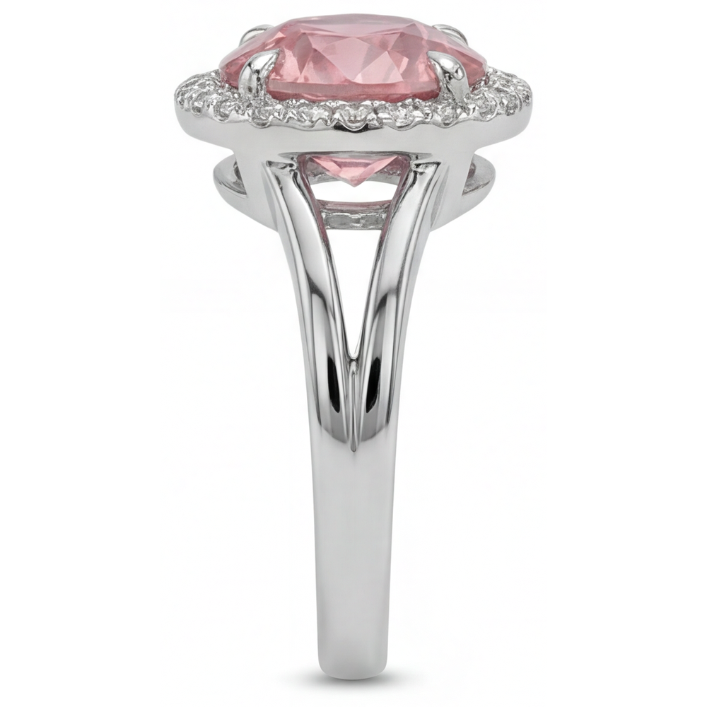 Anello Halo con Zaffiro Padparadscha Rotondo da 4,3 Carati da Laboratorio in Oro Bianco 14K