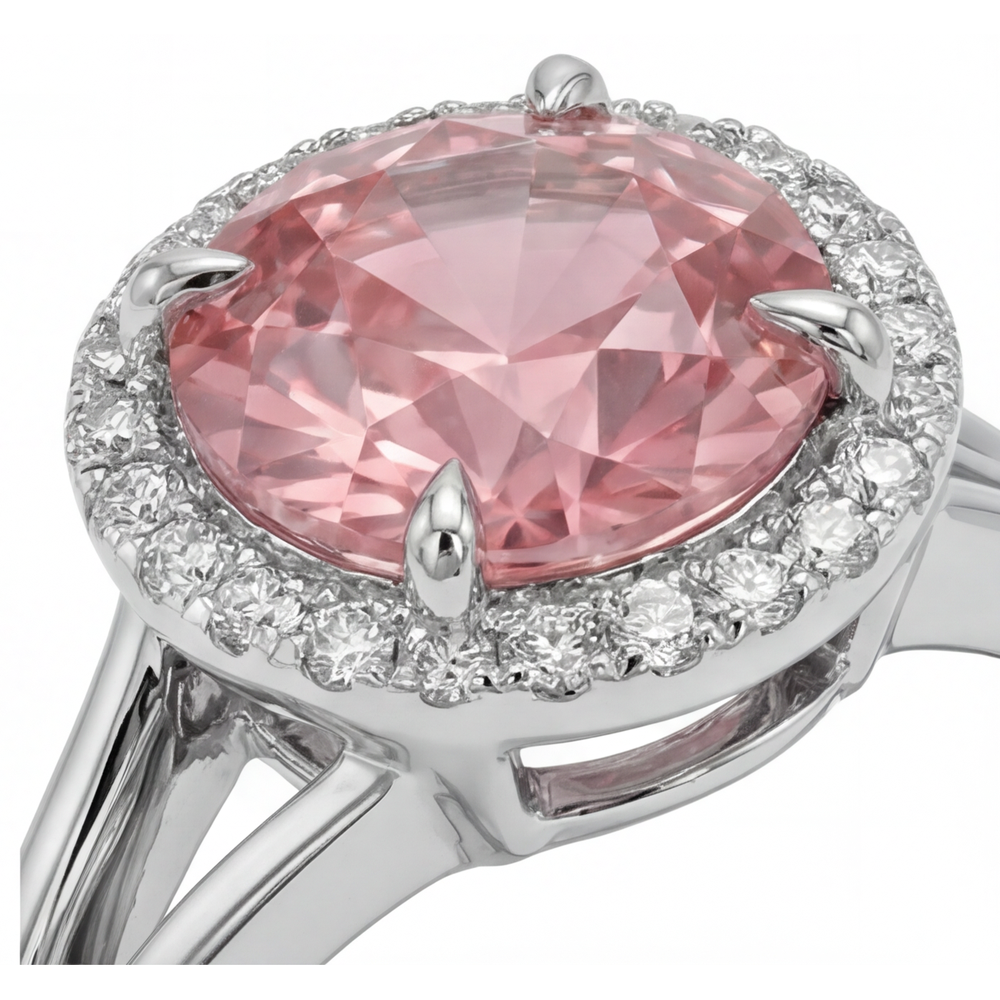 Anello Halo con Zaffiro Padparadscha Rotondo da 4,3 Carati da Laboratorio in Oro Bianco 14K