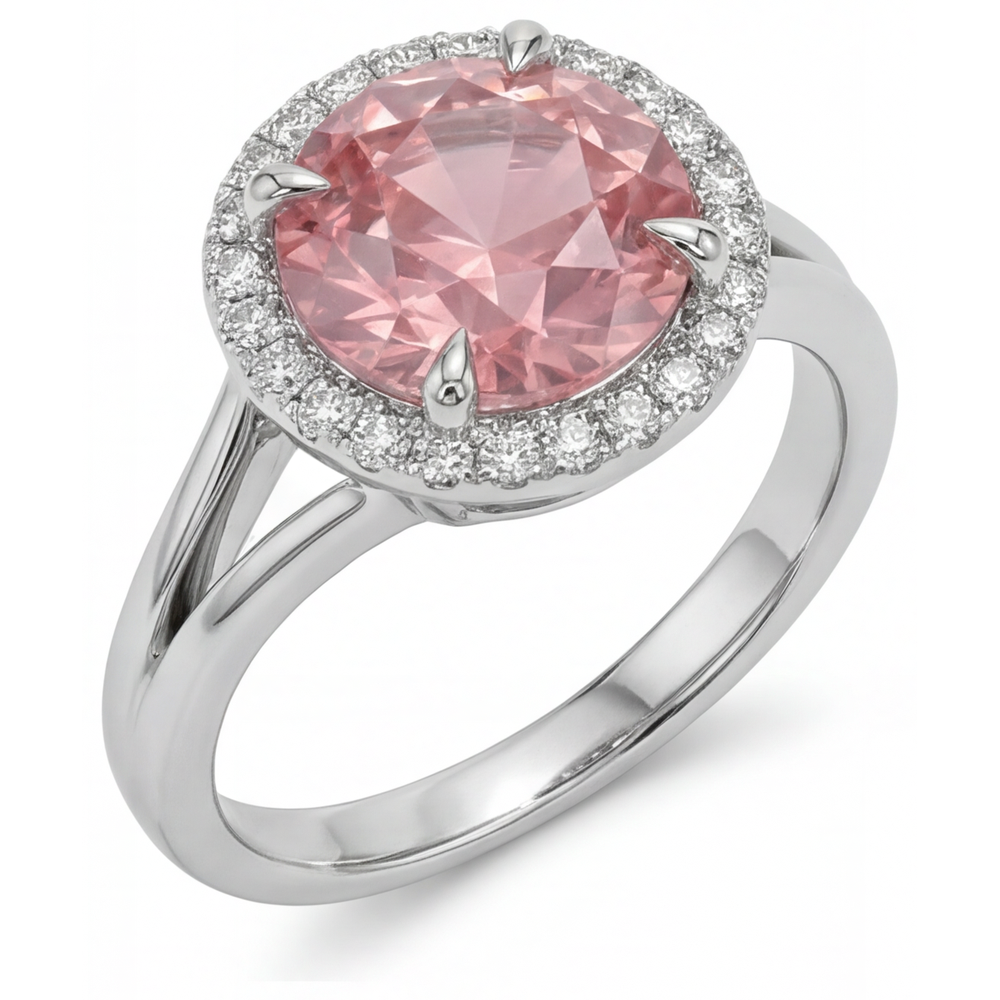 Anello Halo con Zaffiro Padparadscha Rotondo da 4,3 Carati da Laboratorio in Oro Bianco 14K