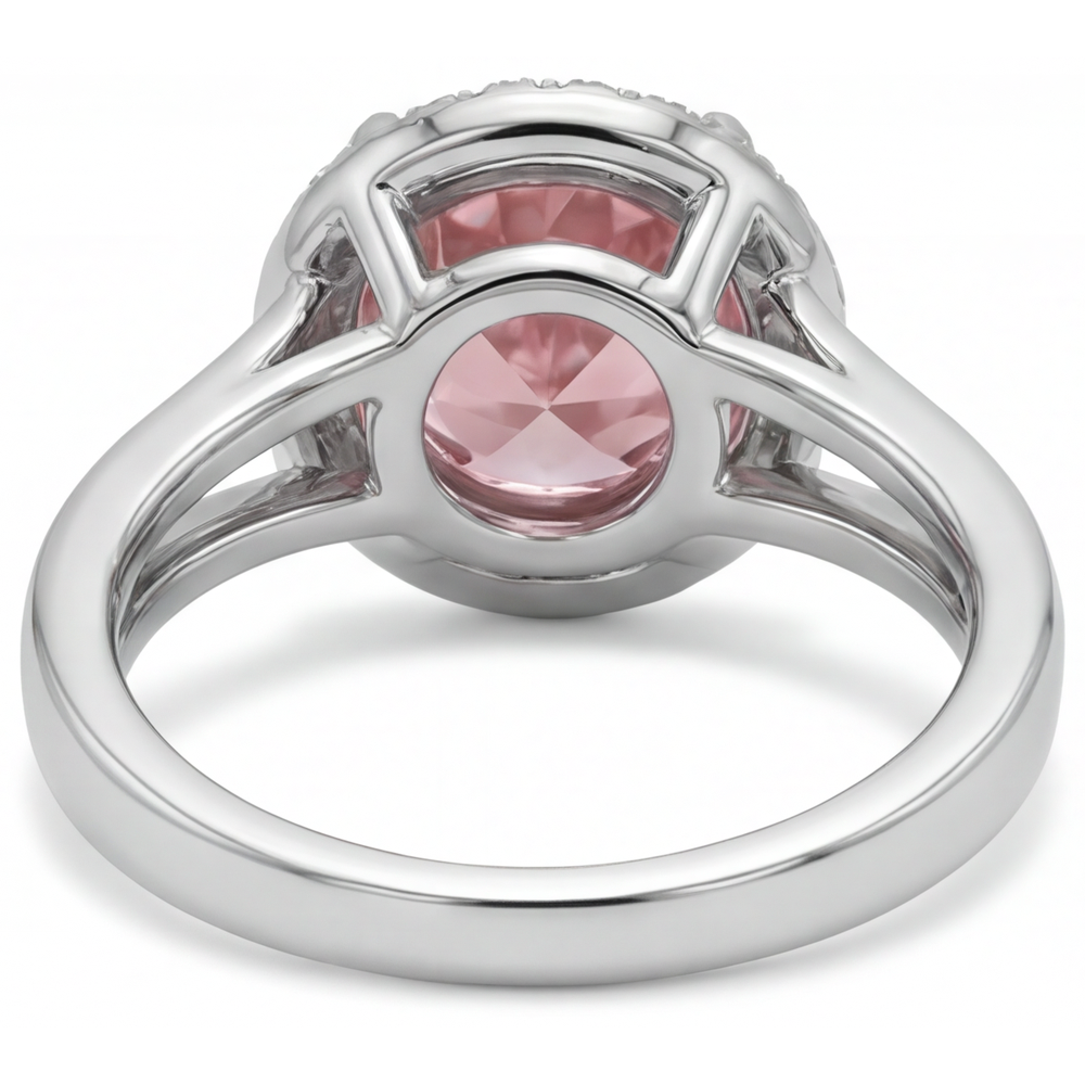 Anello Halo con Zaffiro Padparadscha Rotondo da 4,3 Carati da Laboratorio in Oro Bianco 14K