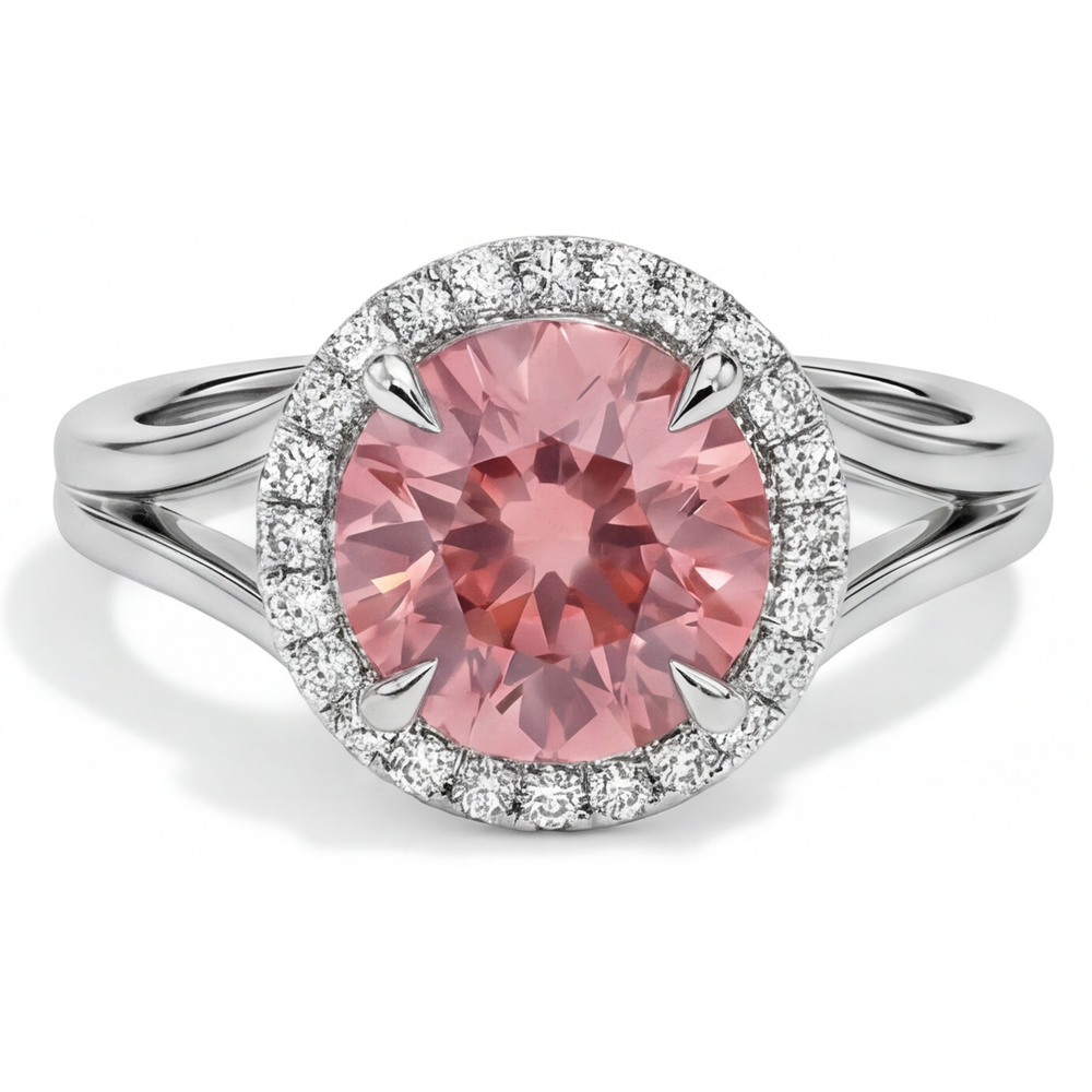 Anello Halo con Zaffiro Padparadscha Rotondo da 4,3 Carati da Laboratorio in Oro Bianco 14K