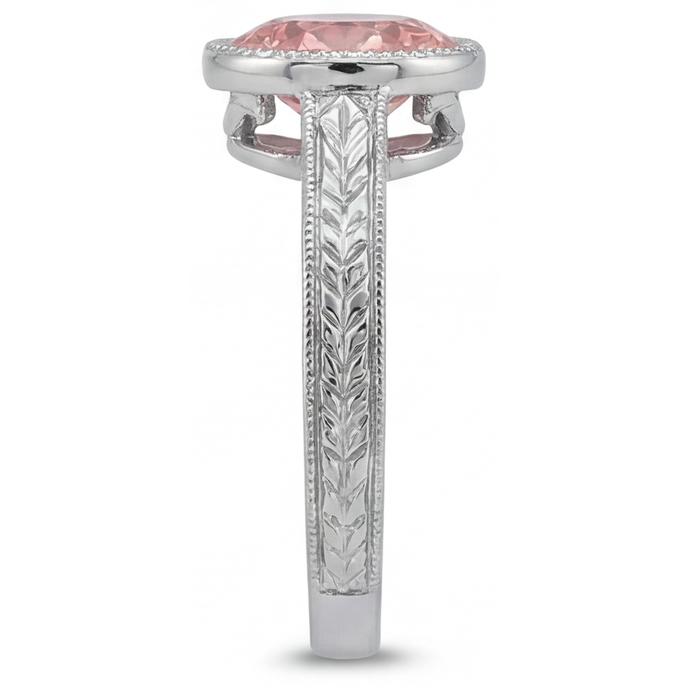 Anello solitario con zaffiro Padparadscha rotondo da laboratorio da 4 carati con lunetta in Oro Bianco 14K