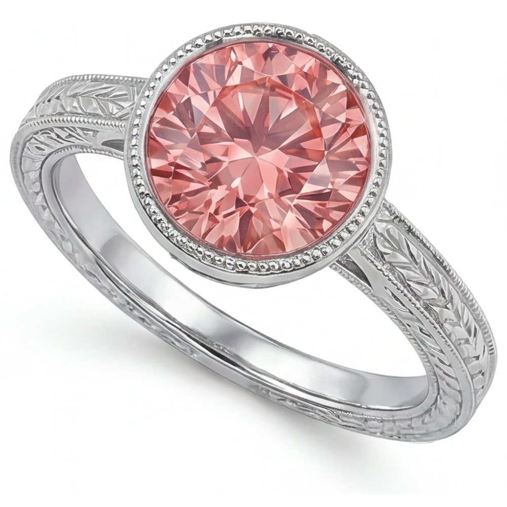 Anello solitario con zaffiro Padparadscha rotondo da laboratorio da 4 carati con lunetta in Oro Bianco 14K