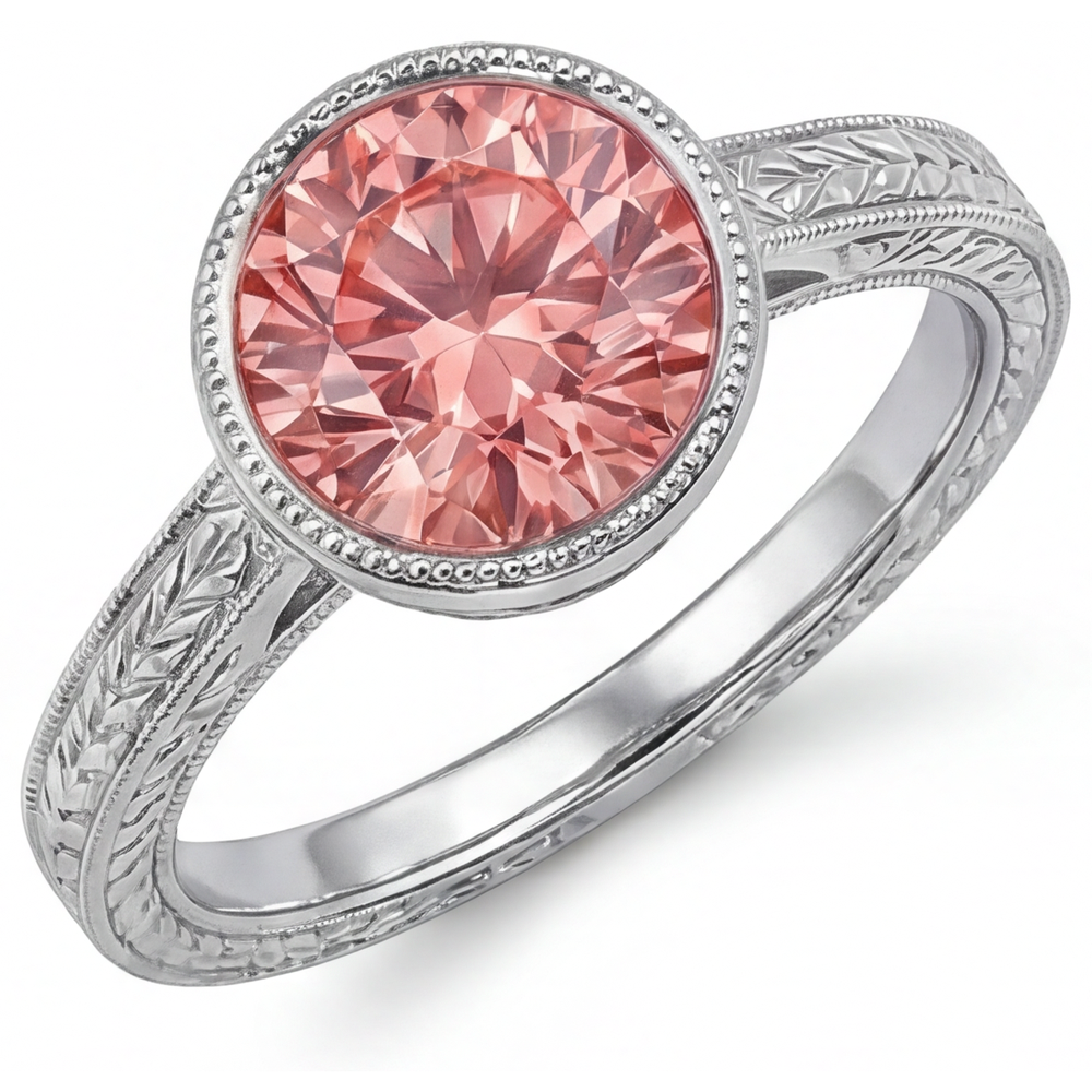 Anello solitario con zaffiro Padparadscha rotondo da laboratorio da 4 carati con lunetta in Oro Bianco 14K