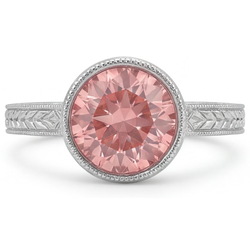 Anello solitario con zaffiro Padparadscha rotondo da laboratorio da 4 carati con lunetta in Oro Bianco 14K