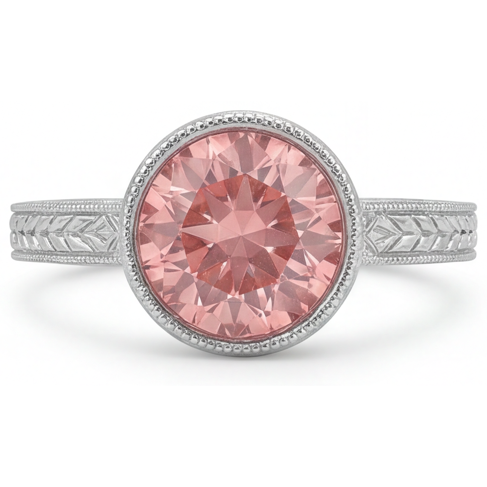 Anello solitario con zaffiro Padparadscha rotondo da laboratorio da 4 carati con lunetta in Oro Bianco 14K