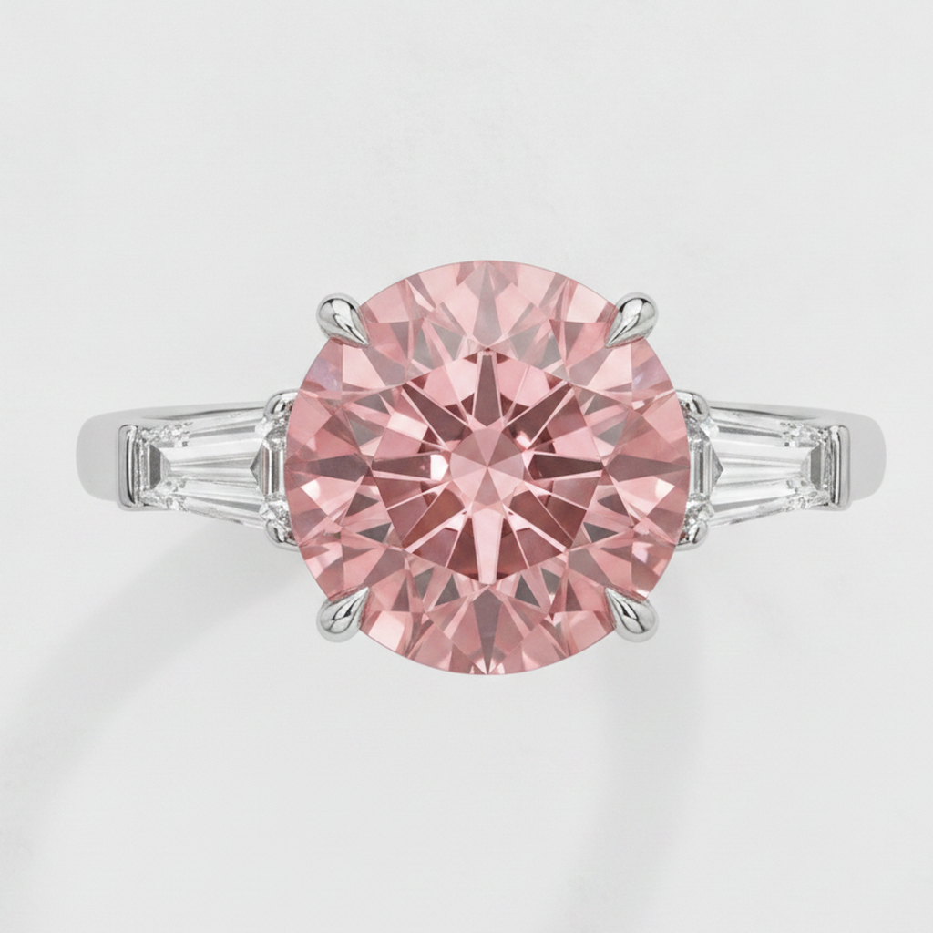 Anello a tre pietre in platino con zaffiro Padparadscha autentico rotondo da 3,1 carati e baguette bianche