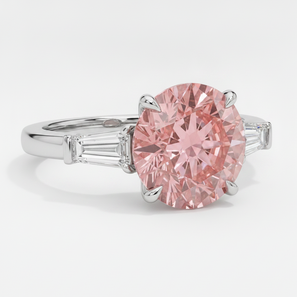 Anello a tre pietre in platino con zaffiro Padparadscha autentico rotondo da 3,1 carati e baguette bianche