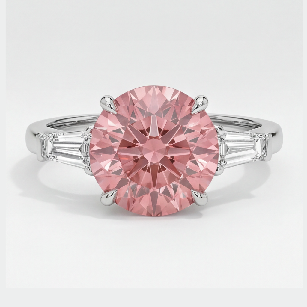Anello a tre pietre in platino con zaffiro Padparadscha autentico rotondo da 3,1 carati e baguette bianche