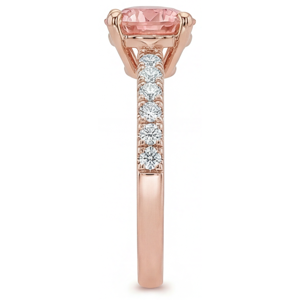 Anello di Fidanzamento con Zaffiro Padparadscha Naturale Rotondo da 1,8 Carati e Pavé in Oro Rosa 14K