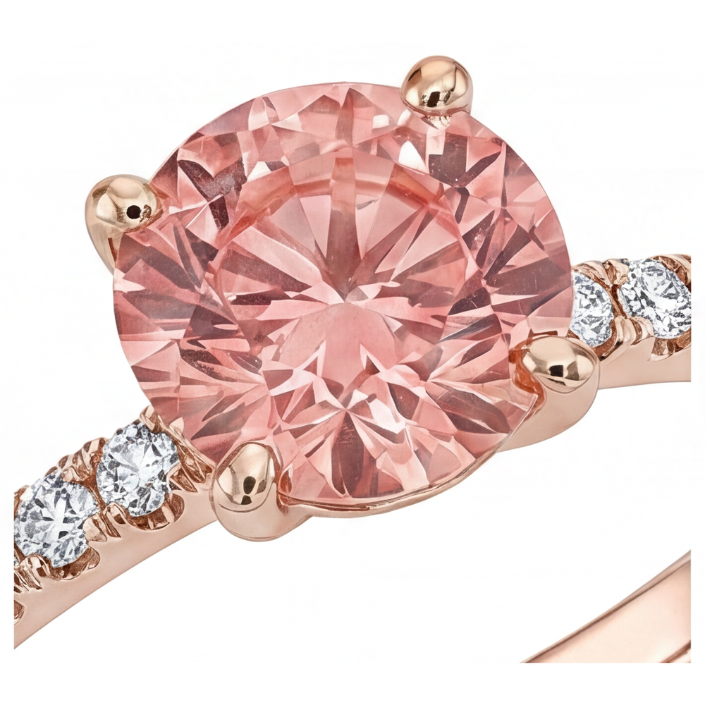 Anello di Fidanzamento con Zaffiro Padparadscha Naturale Rotondo da 1,8 Carati e Pavé in Oro Rosa 14K