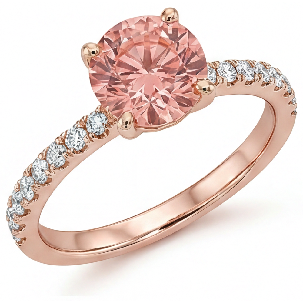 Anello di Fidanzamento con Zaffiro Padparadscha Naturale Rotondo da 1,8 Carati e Pavé in Oro Rosa 14K