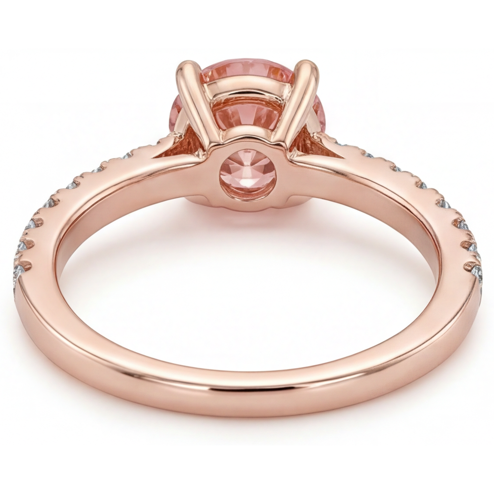 Anello di Fidanzamento con Zaffiro Padparadscha Naturale Rotondo da 1,8 Carati e Pavé in Oro Rosa 14K