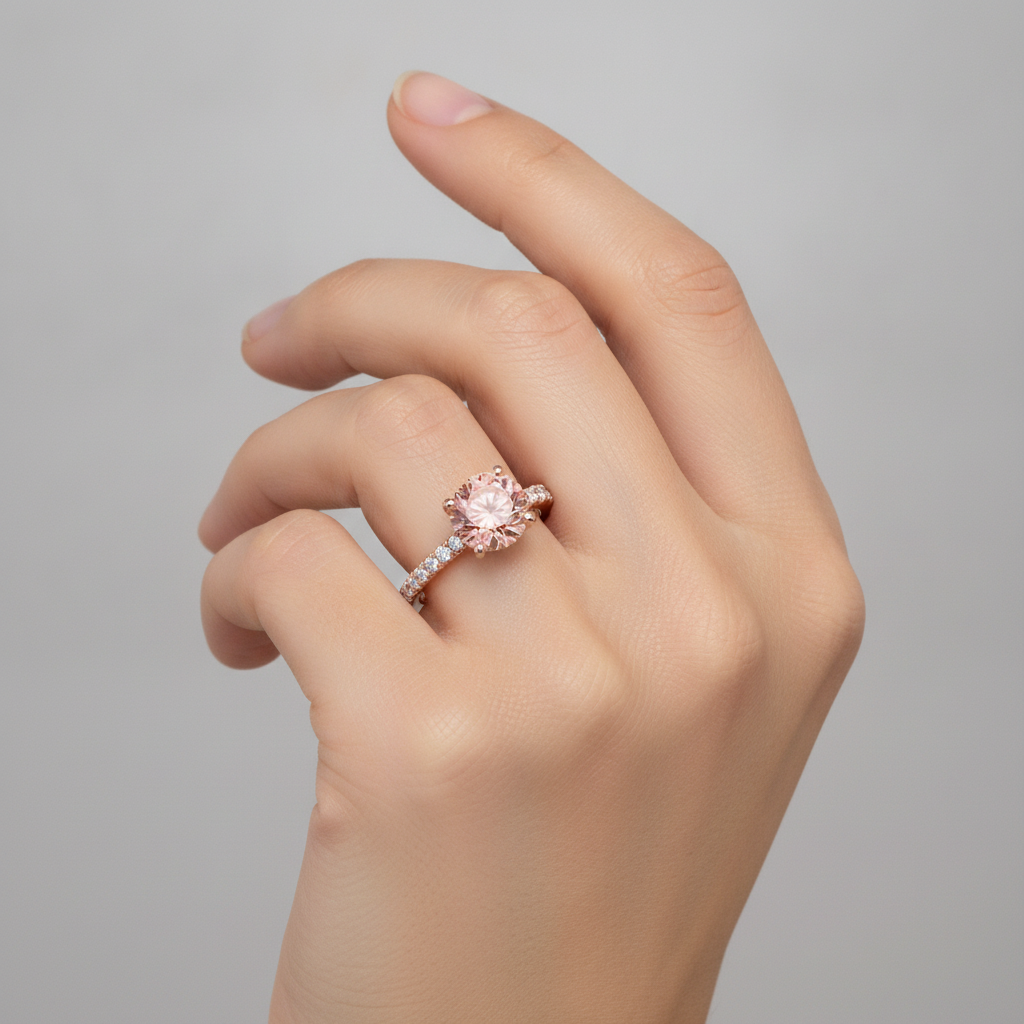 Anello di Fidanzamento con Zaffiro Padparadscha Naturale Rotondo da 1,8 Carati e Pavé in Oro Rosa 14K