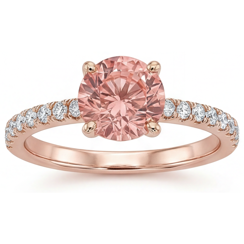 Anello di Fidanzamento con Zaffiro Padparadscha Naturale Rotondo da 1,8 Carati e Pavé in Oro Rosa 14K