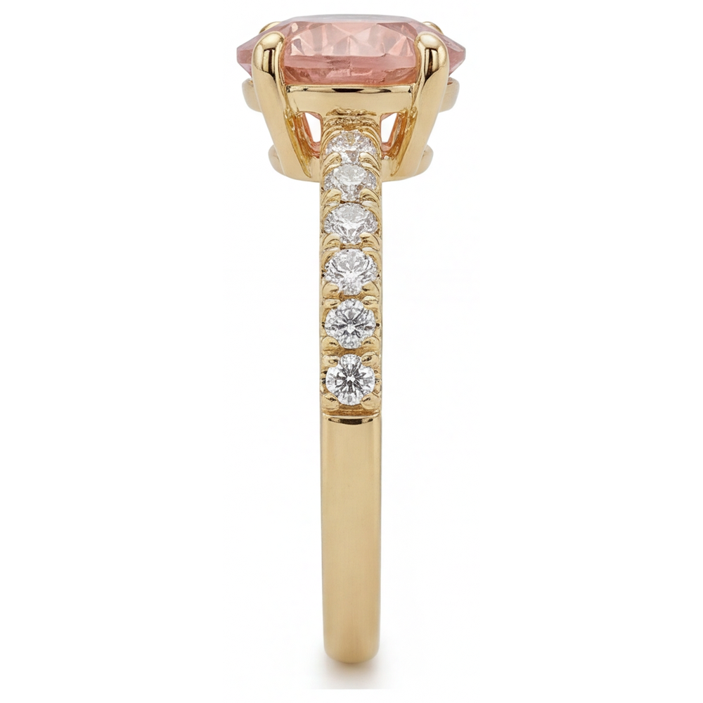 Anello con Zaffiro Padparadscha Naturale Rotondo da 2,3 Carati Pavé in Oro Giallo 14K