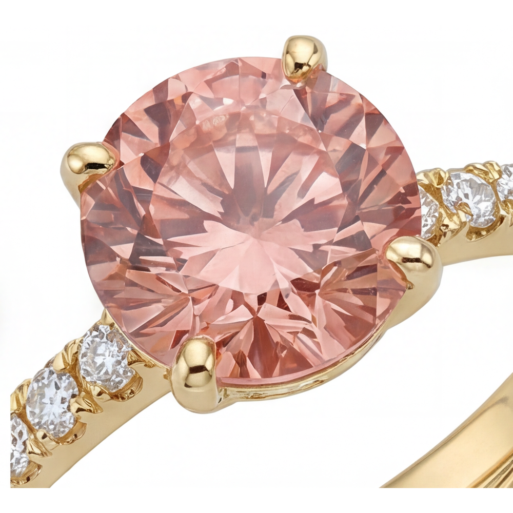 Anello con Zaffiro Padparadscha Naturale Rotondo da 2,3 Carati Pavé in Oro Giallo 14K