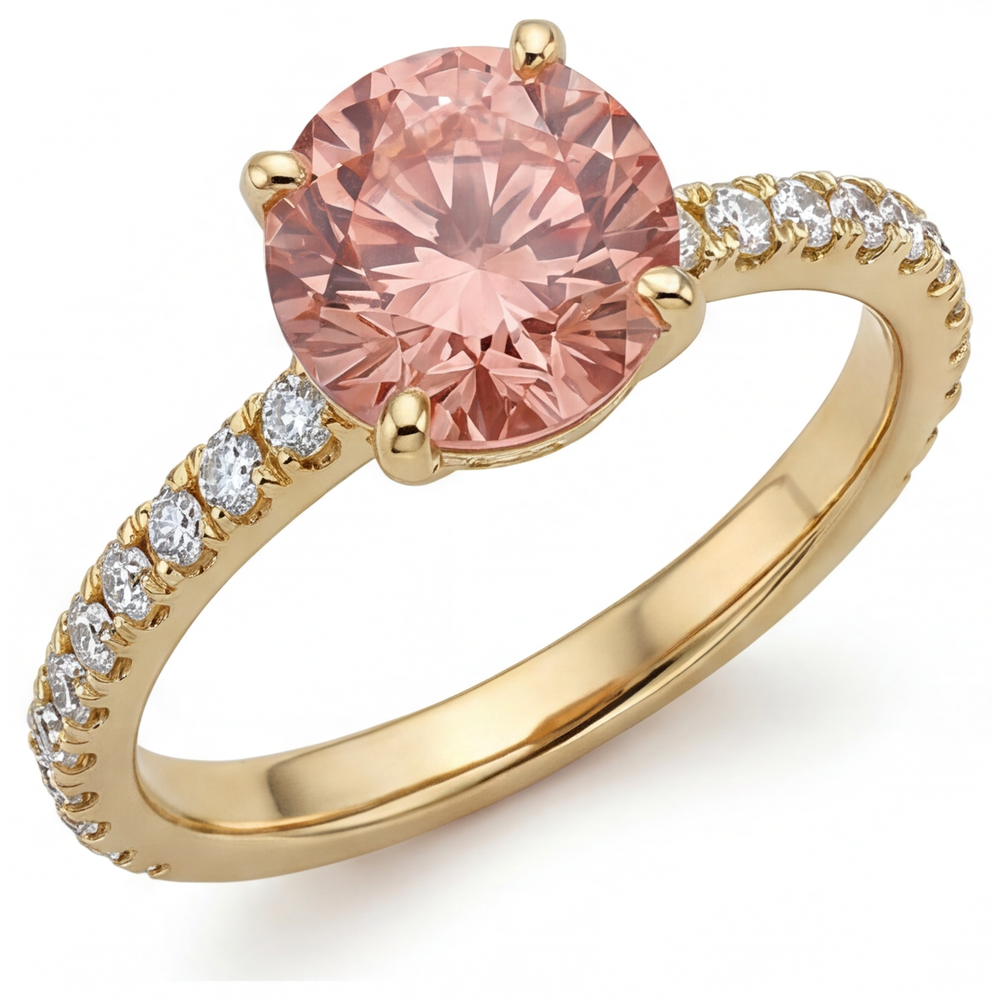 Anello con Zaffiro Padparadscha Naturale Rotondo da 2,3 Carati Pavé in Oro Giallo 14K