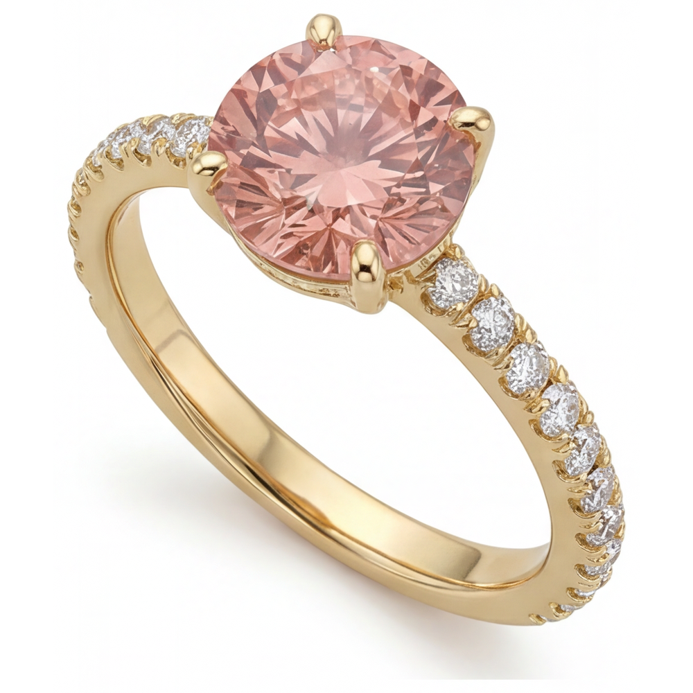 Anello con Zaffiro Padparadscha Naturale Rotondo da 2,3 Carati Pavé in Oro Giallo 14K
