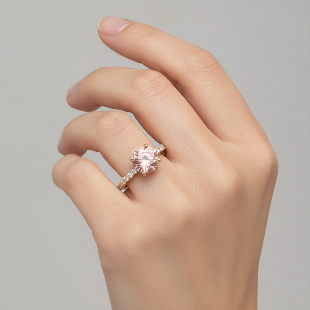 Anello con Zaffiro Padparadscha Naturale Rotondo da 2,3 Carati Pavé in Oro Giallo 14K