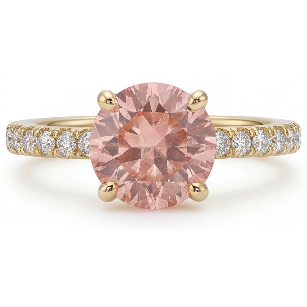 Anello con Zaffiro Padparadscha Naturale Rotondo da 2,3 Carati Pavé in Oro Giallo 14K