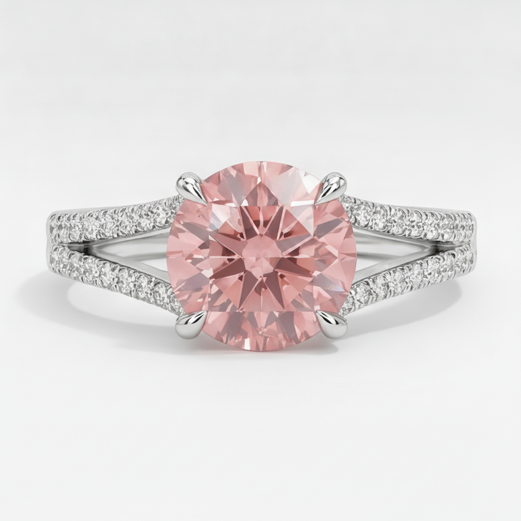 Anello di Fidanzamento con Zaffiro Pesca 2,6 Carati Padparadscha Naturale Rotondo a Gambo Sdoppiato in Oro Bianco 14K