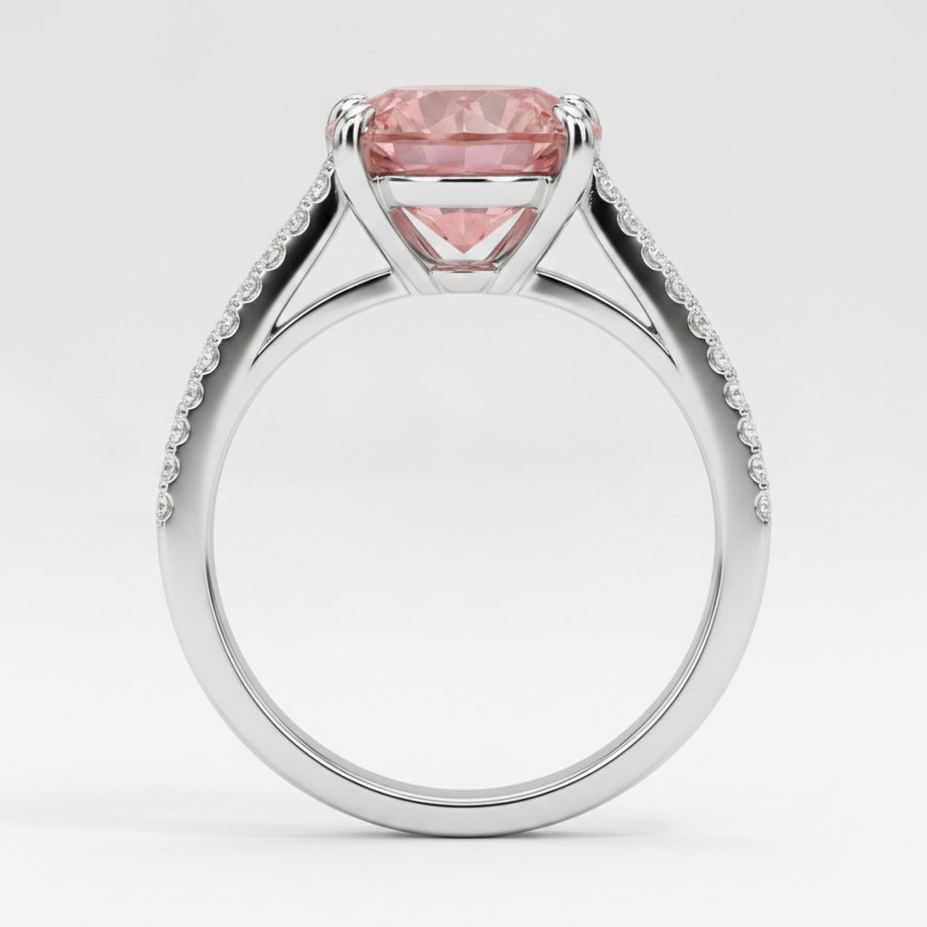 Anello di Fidanzamento con Zaffiro Pesca 2,6 Carati Padparadscha Naturale Rotondo a Gambo Sdoppiato in Oro Bianco 14K