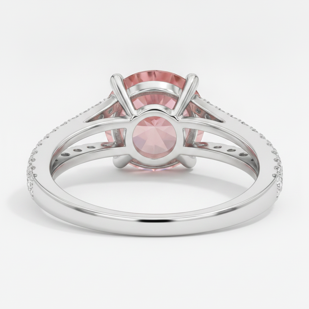 Anello di Fidanzamento con Zaffiro Pesca 2,6 Carati Padparadscha Naturale Rotondo a Gambo Sdoppiato in Oro Bianco 14K