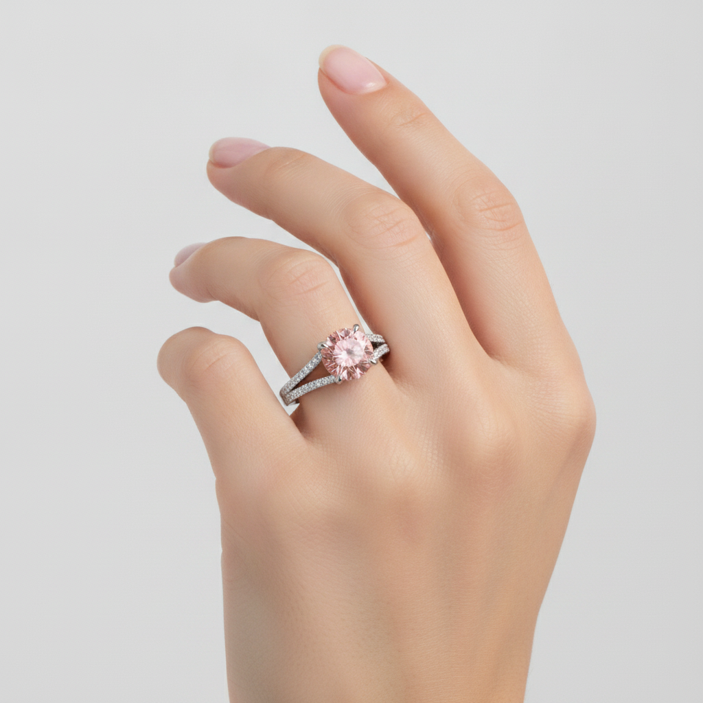 Anello di Fidanzamento con Zaffiro Pesca 2,6 Carati Padparadscha Naturale Rotondo a Gambo Sdoppiato in Oro Bianco 14K