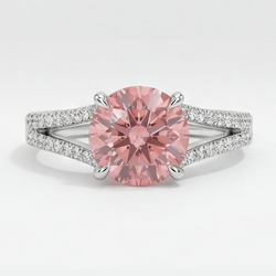 Anello di Fidanzamento con Zaffiro Pesca 2,6 Carati Padparadscha Naturale Rotondo a Gambo Sdoppiato in Oro Bianco 14K