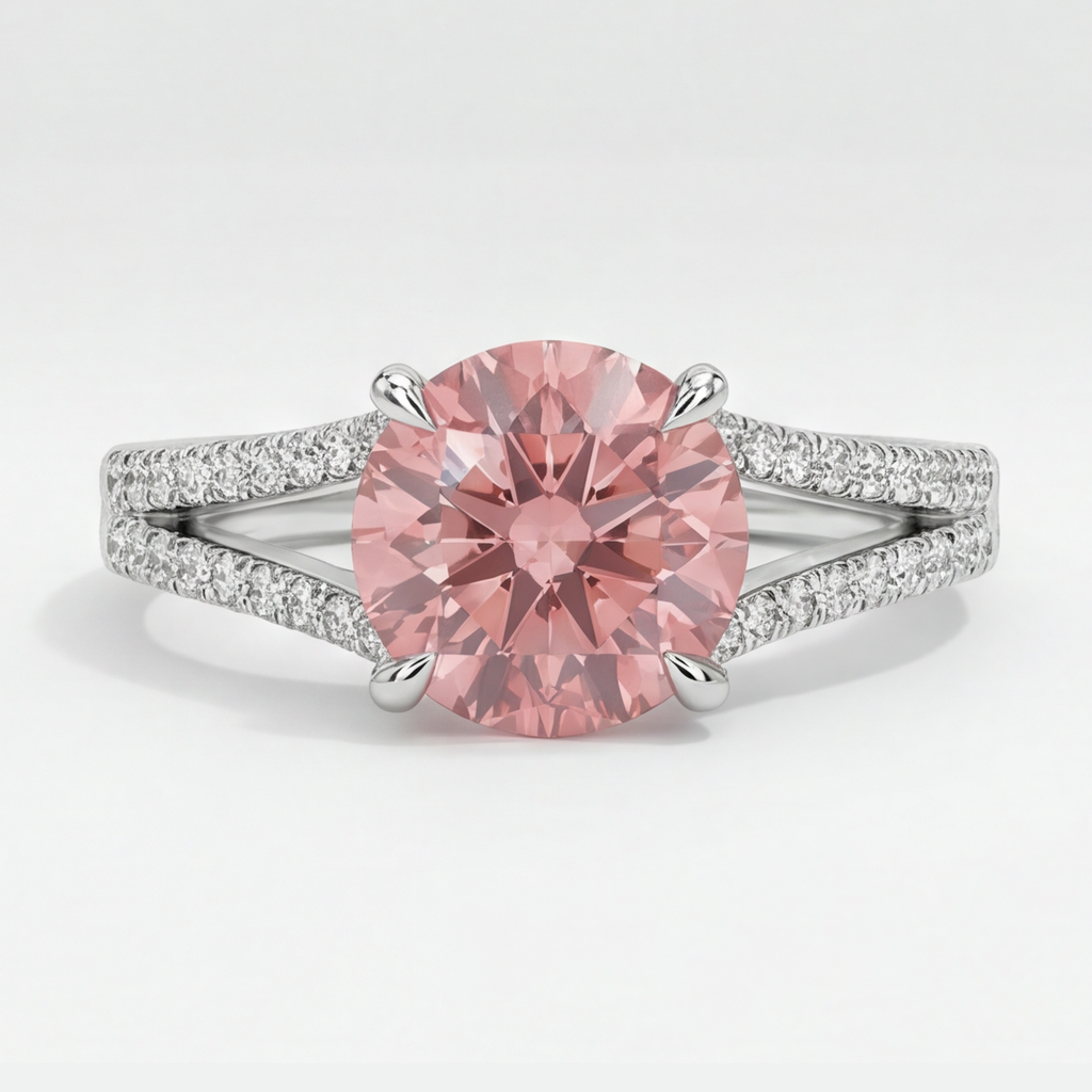 Anello di Fidanzamento con Zaffiro Pesca 2,6 Carati Padparadscha Naturale Rotondo a Gambo Sdoppiato in Oro Bianco 14K