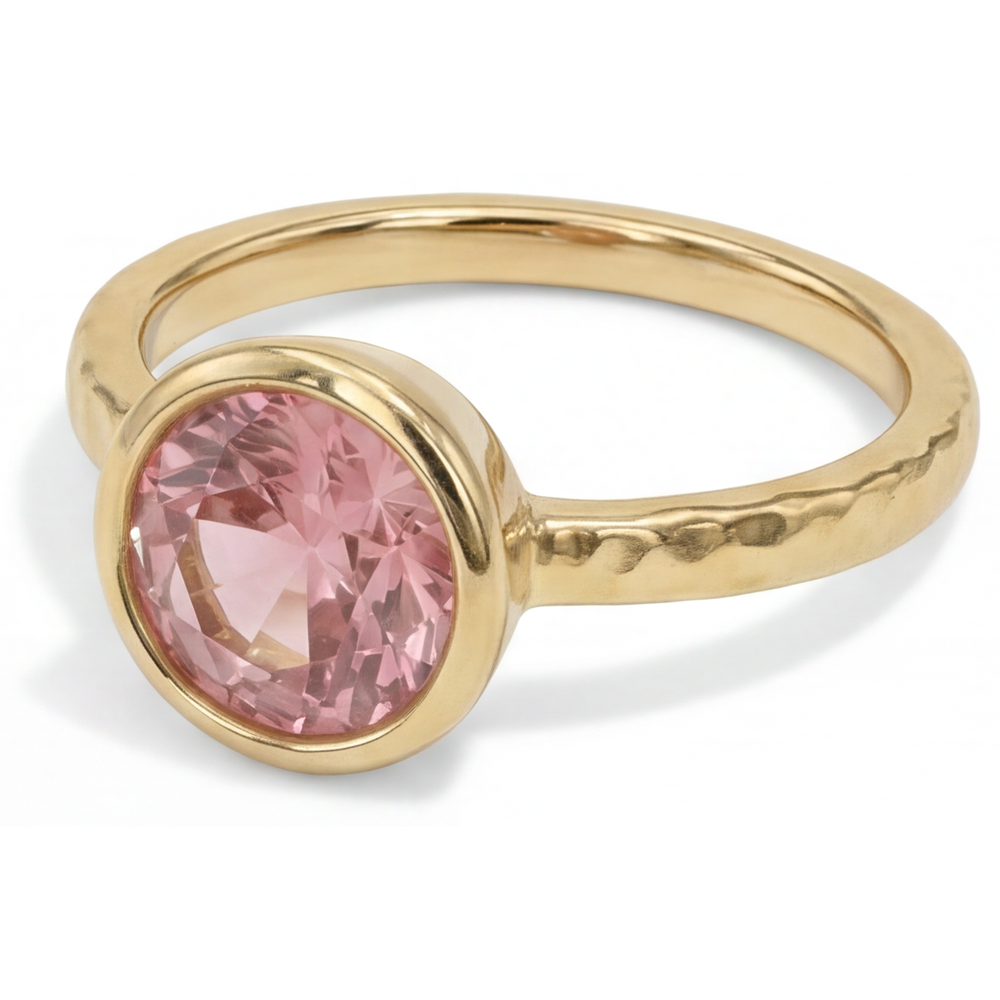 Anello di Fidanzamento Solitario con Zaffiro Padparadscha Naturale Rotondo da 2 Carati, Lunetta, Oro Giallo 14K di Lusso