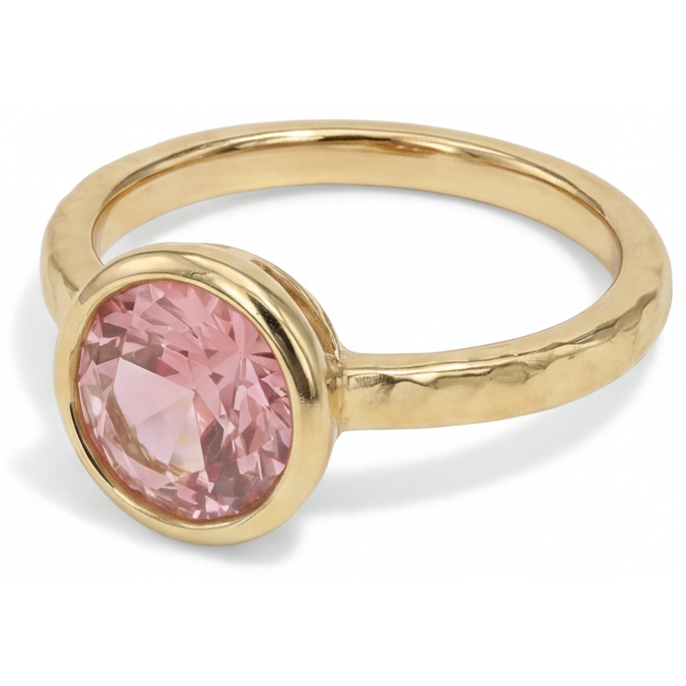 Anello di Fidanzamento Solitario con Zaffiro Padparadscha Autentico da 2 Carati Rotondo con Lunetta in Oro Giallo 14K