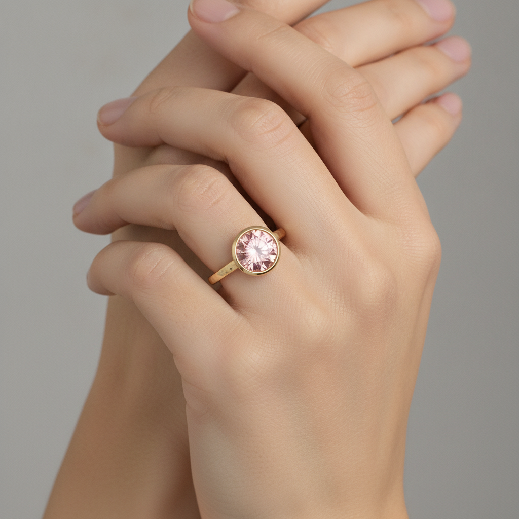 Anello di Fidanzamento Solitario con Zaffiro Padparadscha Naturale Rotondo da 2 Carati, Lunetta, Oro Giallo 14K di Lusso