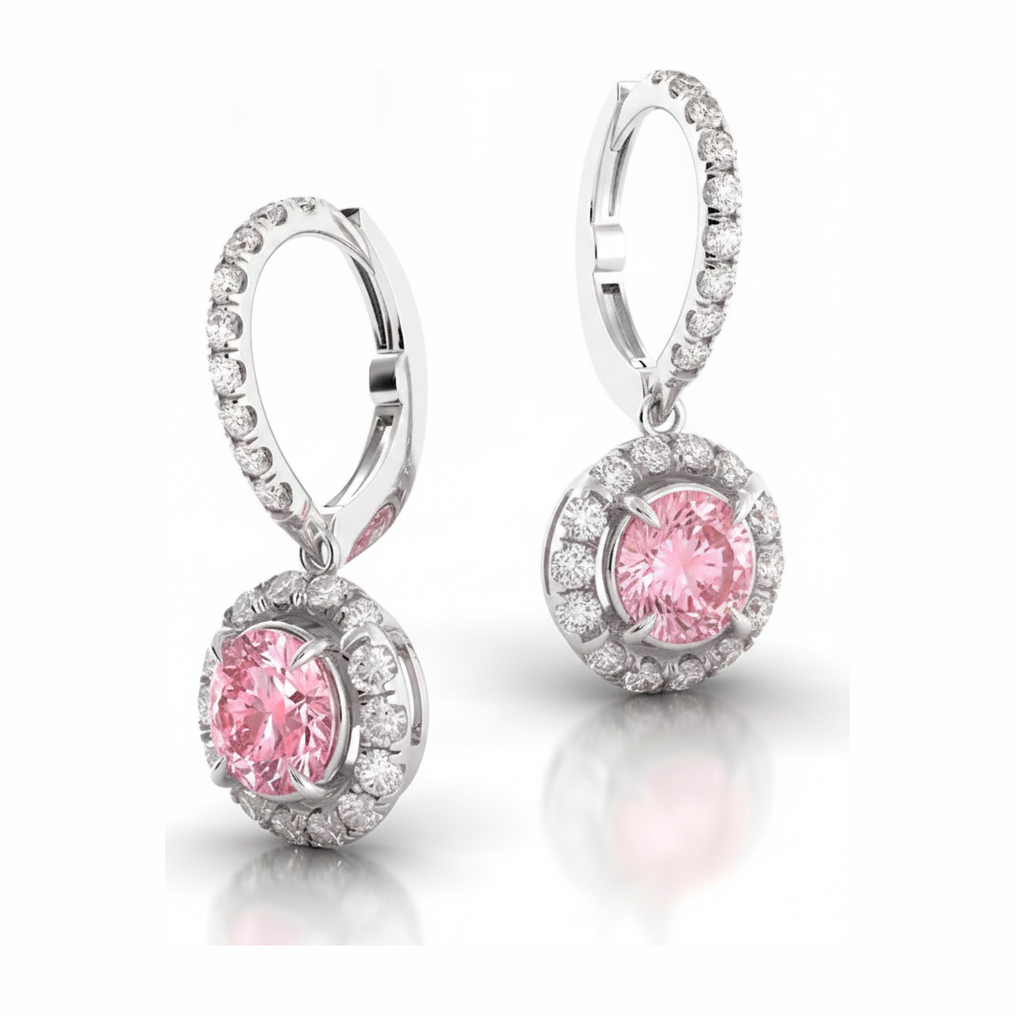 Orecchini a monachella con diamanti rosa da laboratorio da 1,5 carati halo rotondo in oro bianco 14K