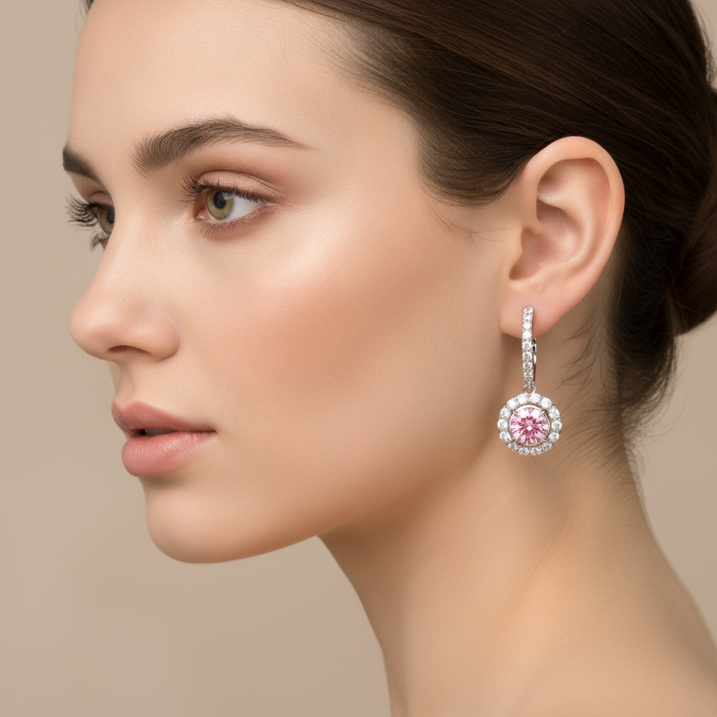 Orecchini a monachella con diamanti rosa da laboratorio da 1,5 carati halo rotondo in oro bianco 14K