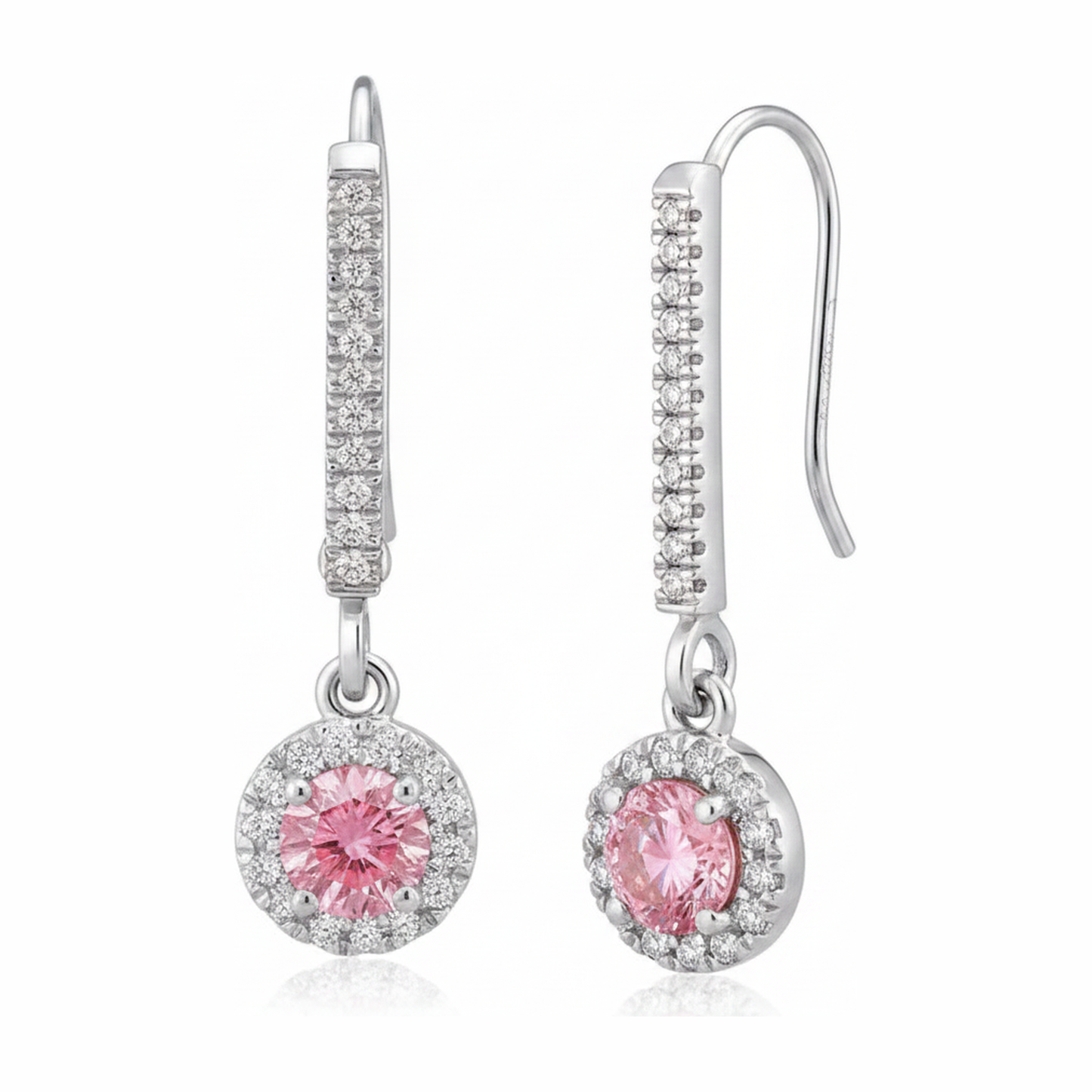 Orecchini con diamanti rosa da laboratorio 1,5 carati taglio rotondo halo pavé a monachella in oro bianco 14K