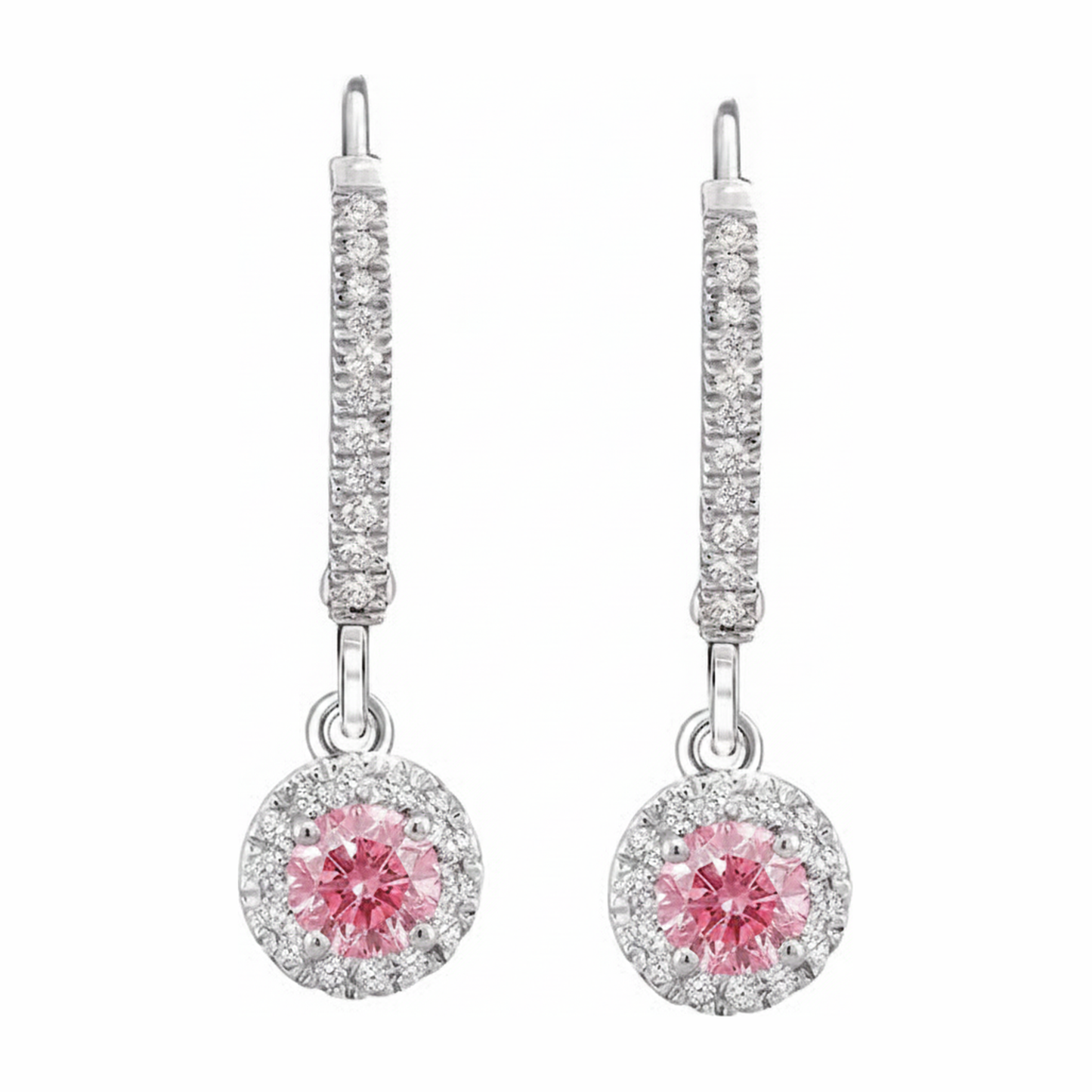 Orecchini con diamanti rosa da laboratorio 1,5 carati taglio rotondo halo pavé a monachella in oro bianco 14K