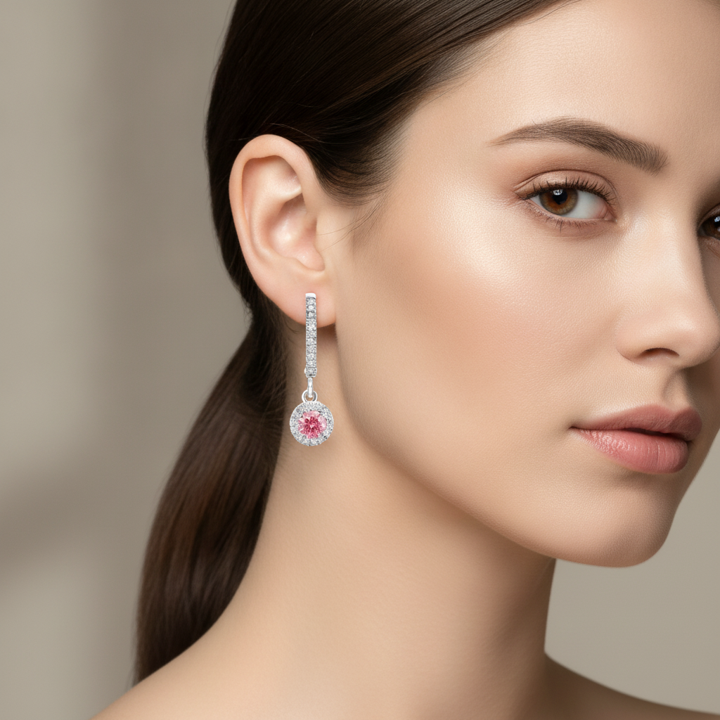 Orecchini con diamanti rosa da laboratorio 1,5 carati taglio rotondo halo pavé a monachella in oro bianco 14K