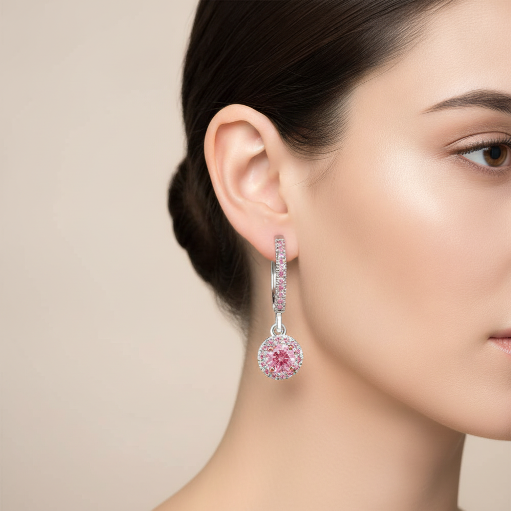 Orecchini Halo con Diamanti Rosa da laboratorio 1,5 Carati Taglio Rotondo Pavé a Monachella in Oro Bianco 14K