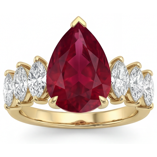 Goccia Rubino Sangue di Piccione anello in Oro Giallo 14K – vista frontale