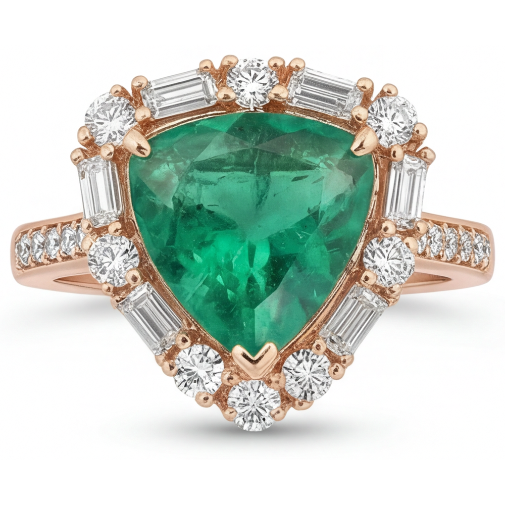 Smeraldo Colombiano Anello di Fidanzamento Halo 6 carati Oro Rosa 14K – vista angolare